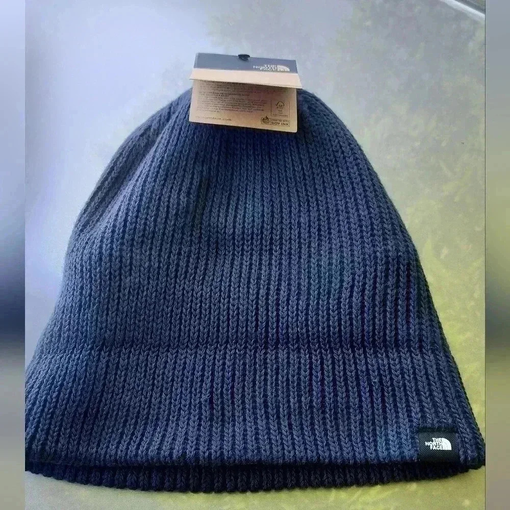 NWT The North Face Navy Blue Knit Ribbed Beanie Hat Adult Unisex One Size